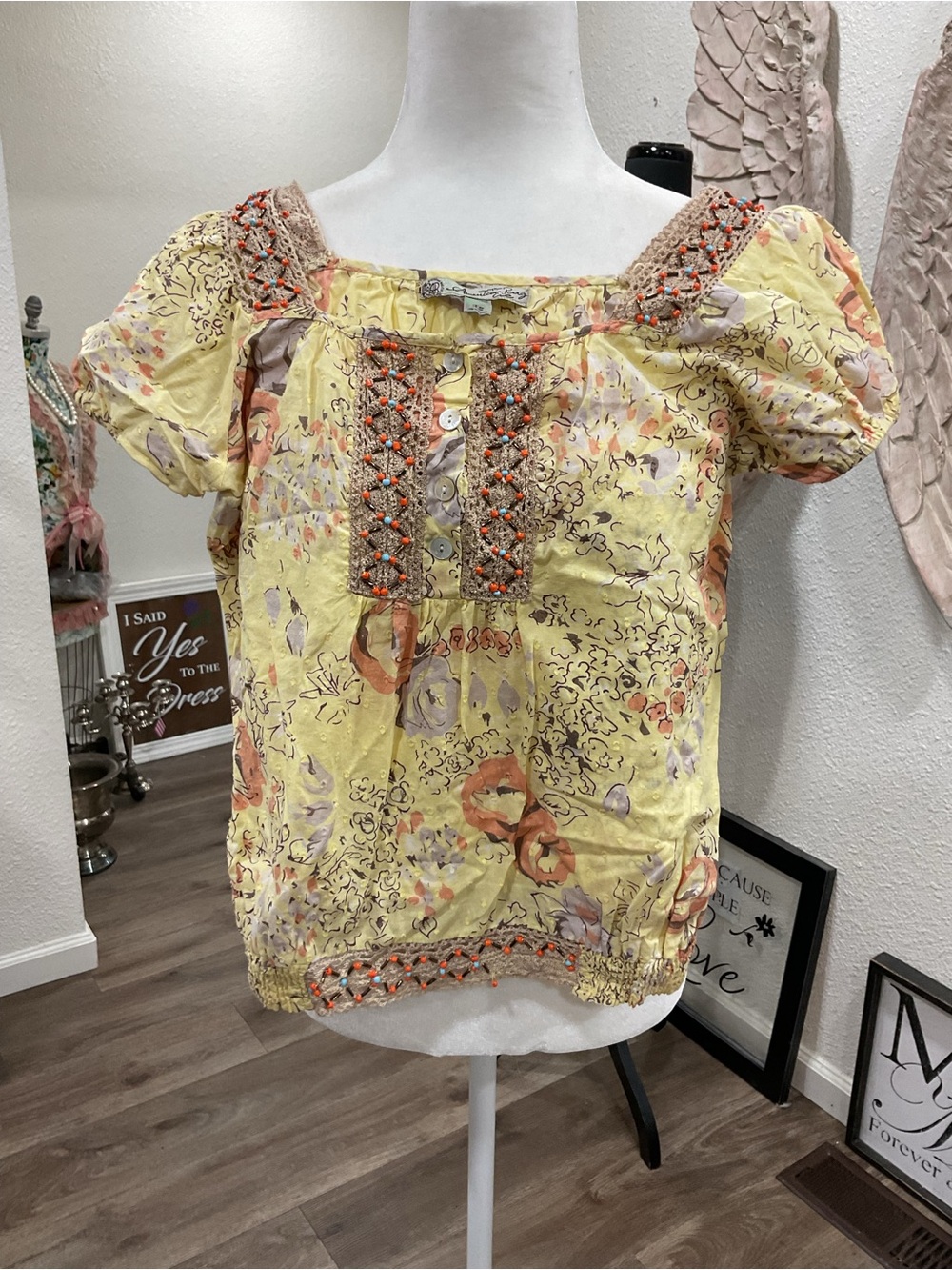American Rag Yellow Floral Peasant Blouse with Crochet Trim